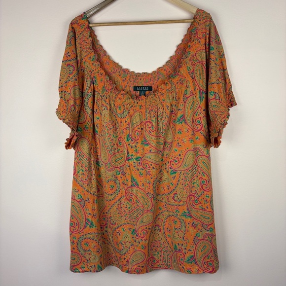 Ralph Lauren Orange Paisley Off Shoulder Boho Peasant Blouse - Picture 1 of 7